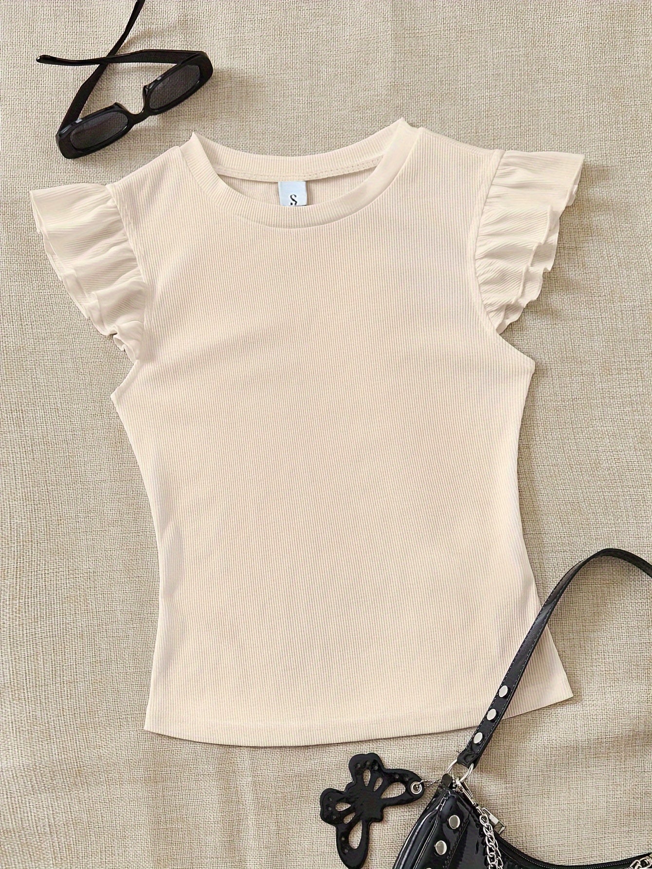Slim Fit Ribbed Ruffle Sleeve T-Shirt for Women, Summer Chic - ayq