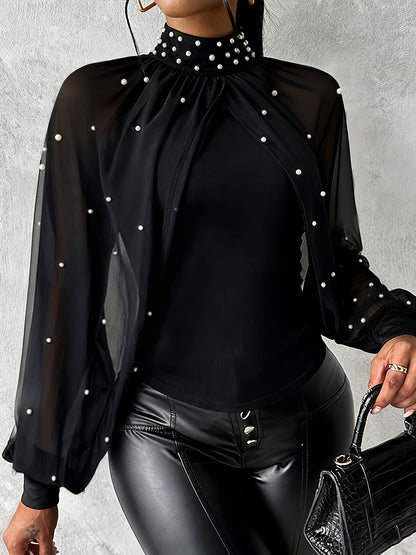 Women'S Elegant Off-Shoulder/One-Shoulder Tunic Top - Red/ - Long Sleeve Blouse with Pearl-like Beads - Formal & Everyday Chic Outfits - Spring/Fall, Fashion Lovers, Stylish Blouse, Quality Stitching, Sophisticated Design, Se