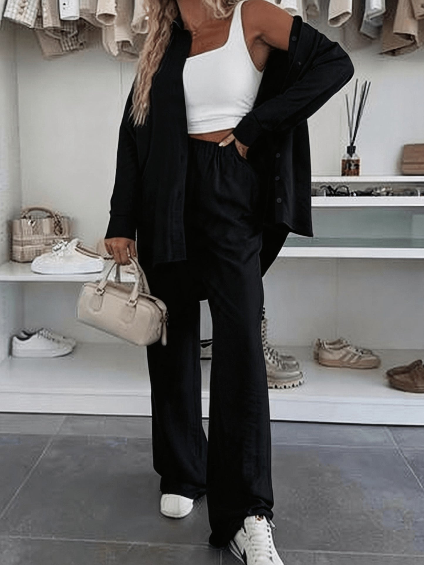Women's Loose Shirt & Wide-Leg Pants Set - Elegant Polyester