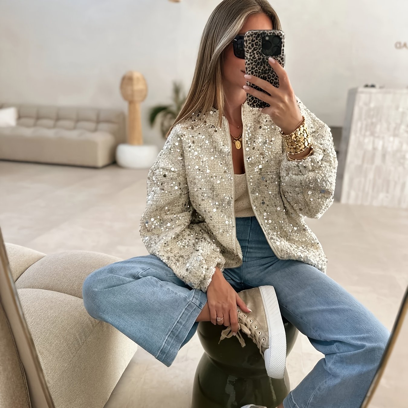 Կանացի էլեգանտ թվիդե փայլուն բաճկոն՝ կանգնած օձիքով, երկար թևքերով, կայծակաճարմանդով առջևի H-աձև ուրվագիծով վերարկու՝ աշնանային ձմեռային երեկույթների և զբոսանքների համար, լվացվող մեքենայով