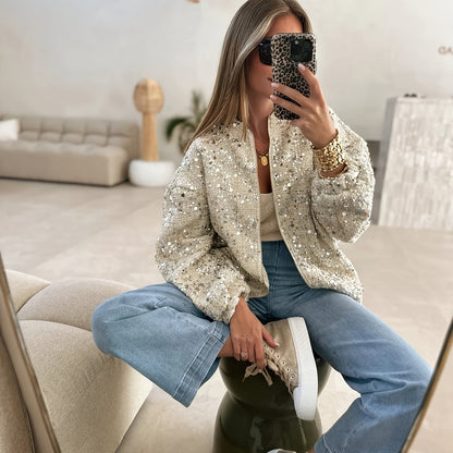 Կանացի էլեգանտ թվիդե փայլուն բաճկոն՝ կանգնած օձիքով, երկար թևքերով, կայծակաճարմանդով առջևի H-աձև ուրվագիծով վերարկու՝ աշնանային ձմեռային երեկույթների և զբոսանքների համար, լվացվող մեքենայով