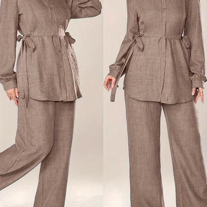 Women'S Solid Color Long Sleeve Knotted Waist Single-Breasted Shirt and Pants Elegant Commuter Set, Two-Piece Summer Autumn Women'S Outfit Office Business Casual Women'S Suit