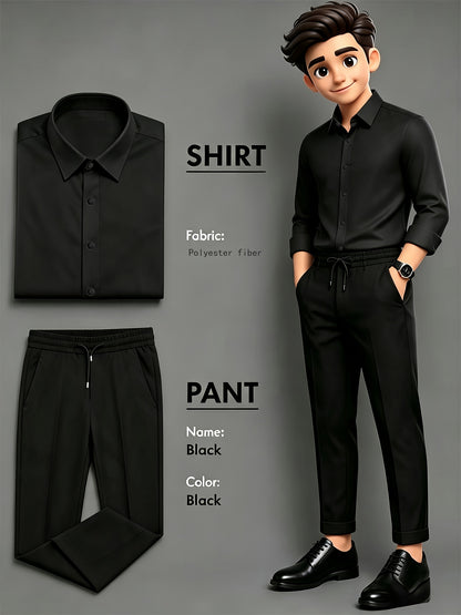 Men's Business Casual Two-Piece Suit with Lapel Shirt and Drawstring P