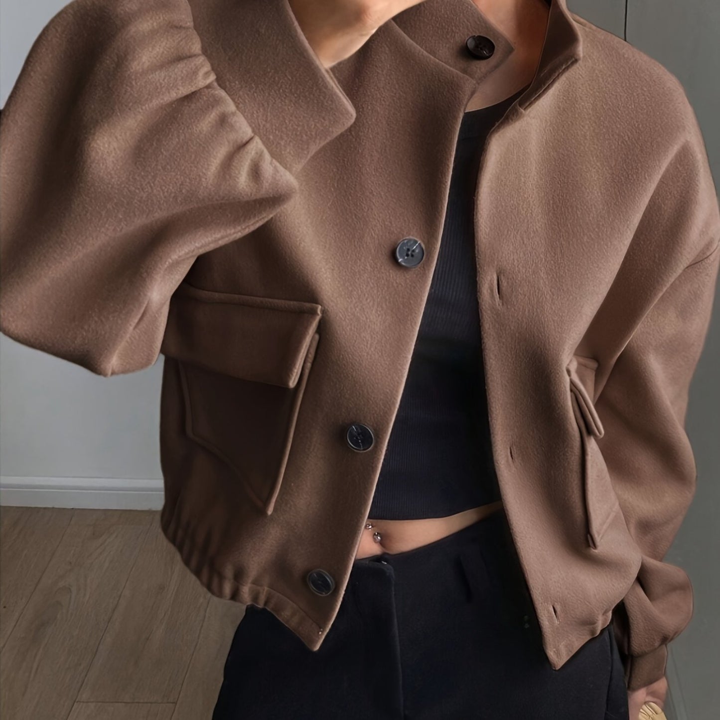 Women'S Elegant Brown Fleece Jacket - Winter Coat with Single-Breasted Button Front, Long Sleeve Tunic Length, Machine Washable & Wrinkle-Resistant, Cozy Outerwear For Fall/winter, Casual To Formal Events, Winter Jacket For W