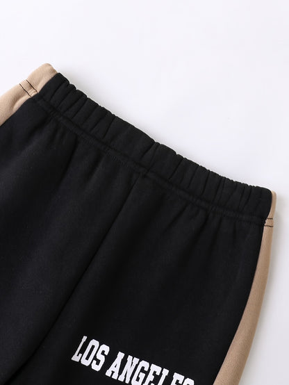 2pcs Boys' Autumn/Winter Fleece-Lined Hooded Sweatshirt and Pants Set, Simple Letter Print Fashion Classic Outfit for Outdoor Sports and Casual Wear, 100% Polyester Knit Stretch Fabric, Ideal Gift Choice for Kids, Perfect for