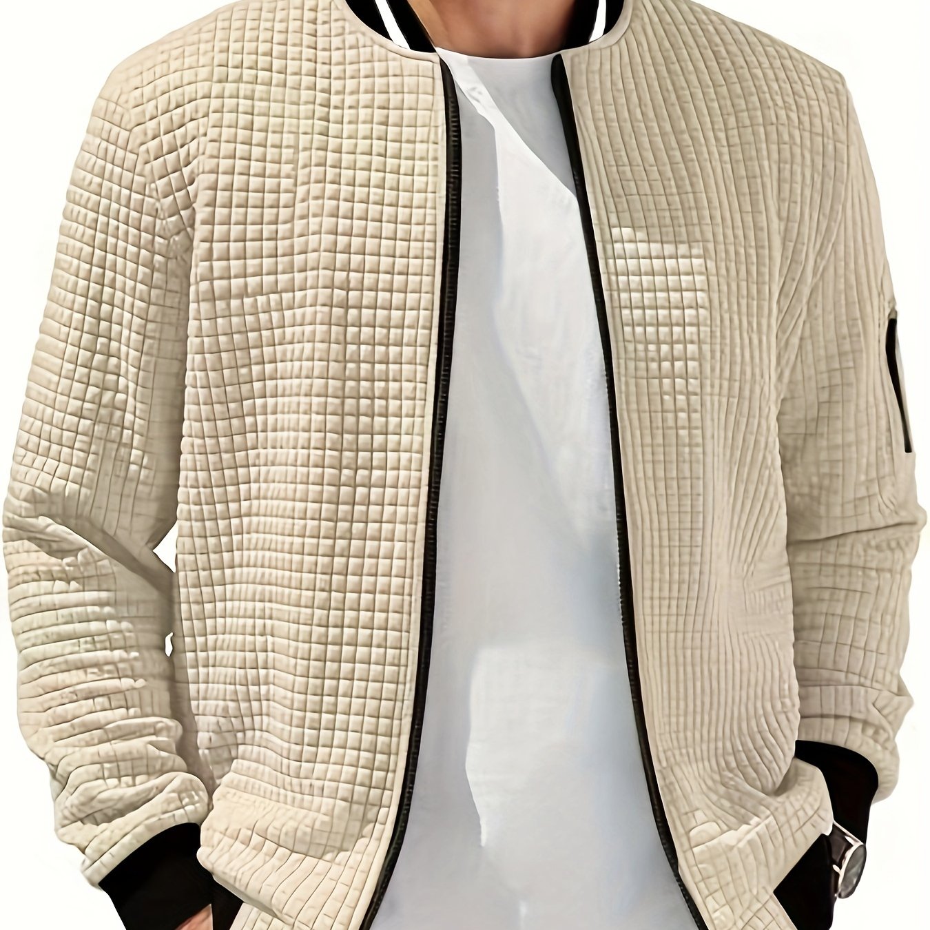 Men's Casual Bomber Jacket with Stand Collar - Polyester and Elastane Blend, Knit Fabric with Slight Stretch, Solid Color, Zipper Detail, Long Sleeve, Regular Fit