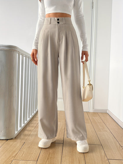 Women's High-Waisted Straight-Leg Pants - Light Beige Casual Polyester Blend with Button Details, Machine Washable, All-Season Comfort for Casual Attire, Cute Pants