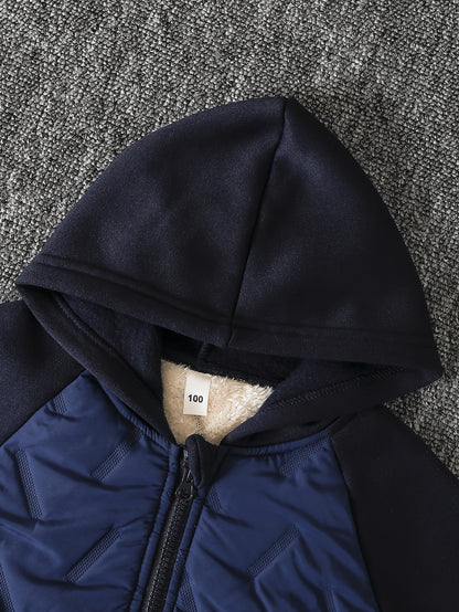 DONABEBE Boys' 2pcs Winter Hooded Jacket & Pants Set - Navy Blue/White Striped Full-Zip Thick Warm Outfit, Casual Playwear & Everyday Outfits for Boys, Easy Care, Perfect for Outdoor, Winter Jacket And Pants For Boys, Winter