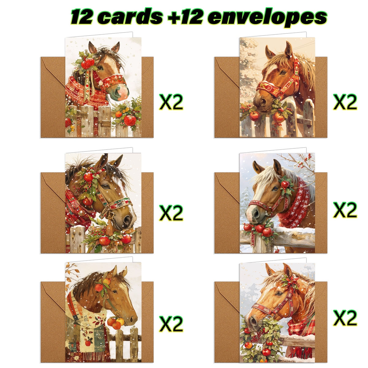 1set/12pcs/24pcs Christmas Horse Pattern Greeting Cards with Envelopes, Folded 9*13cm, 3.54*5.11in; Unfold 18*13cm 7.08*5.11in, 9 Sheets per Set, Christmas Cards With Envelopes, Funny Christmas Cards, Cards For All Occasions