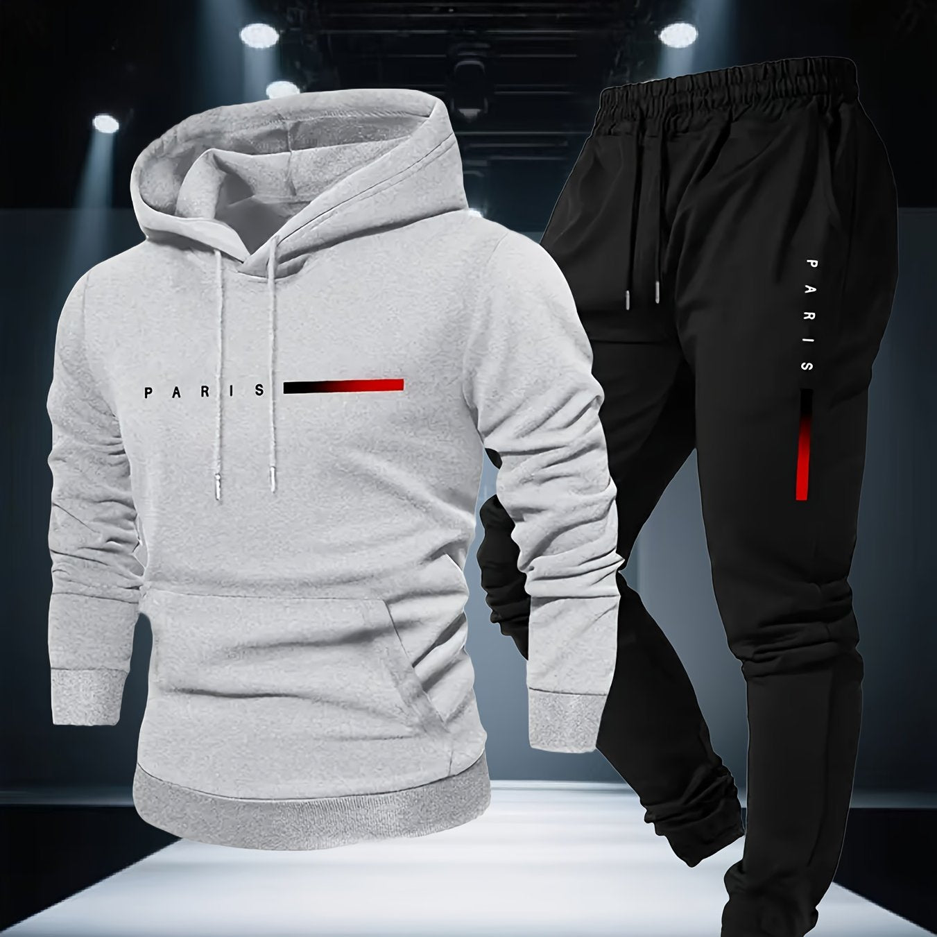 Halloween Men'S Hoodie with PARIS Lettering And Drawstring Sweatpants Set, a Must-Have Outfit for Autumn And Winter, Perfect for Everyday Outdoor Wear - ayq