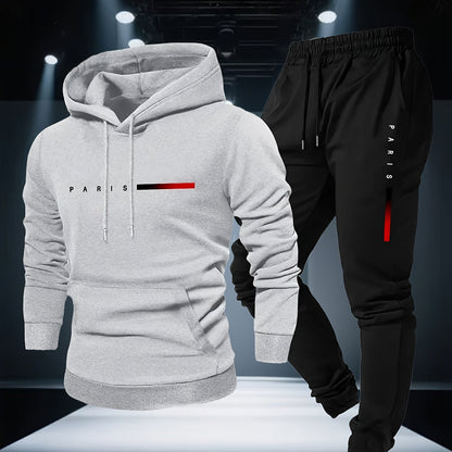 Halloween Men'S Hoodie with PARIS Lettering And Drawstring Sweatpants Set, a Must-Have Outfit for Autumn And Winter, Perfect for Everyday Outdoor Wear - ayq
