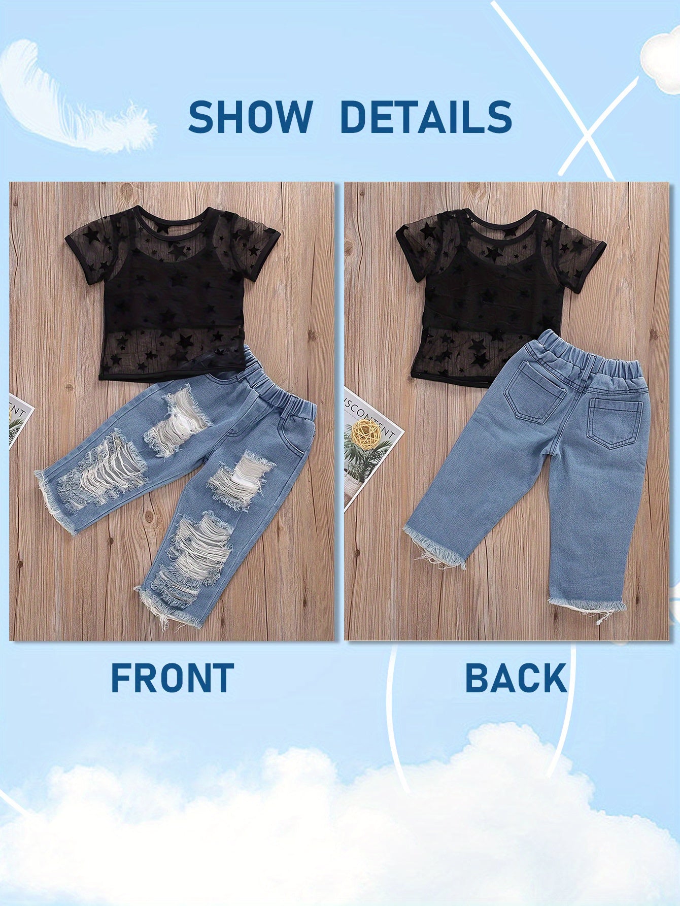 Girls Casual Cami Cropped Top &amp; Mesh Star Print T-shirt և ջինսե ջինսե հավաքածու ամառային բացօթյա համար