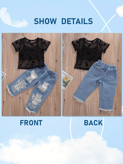 Girls Casual Cami Cropped Top &amp; Mesh Star Print T-shirt և ջինսե ջինսե հավաքածու ամառային բացօթյա համար