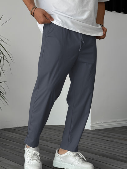 Men's Solid Pants With Pockets, Casual Drawstring Trousers For Outdoor Activities Gift