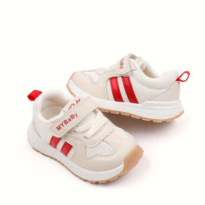 [1pc Unisex Toddler Sports Sneakers] Toddler Sports Sneakers, Unisex Preppy Casual Running Shoes, Striped Low Top Fabric & PU Upper, Breathable Mesh, Soft TPR Sole, with Adjustable Strap Closure, for Spring/Summer, All-Season