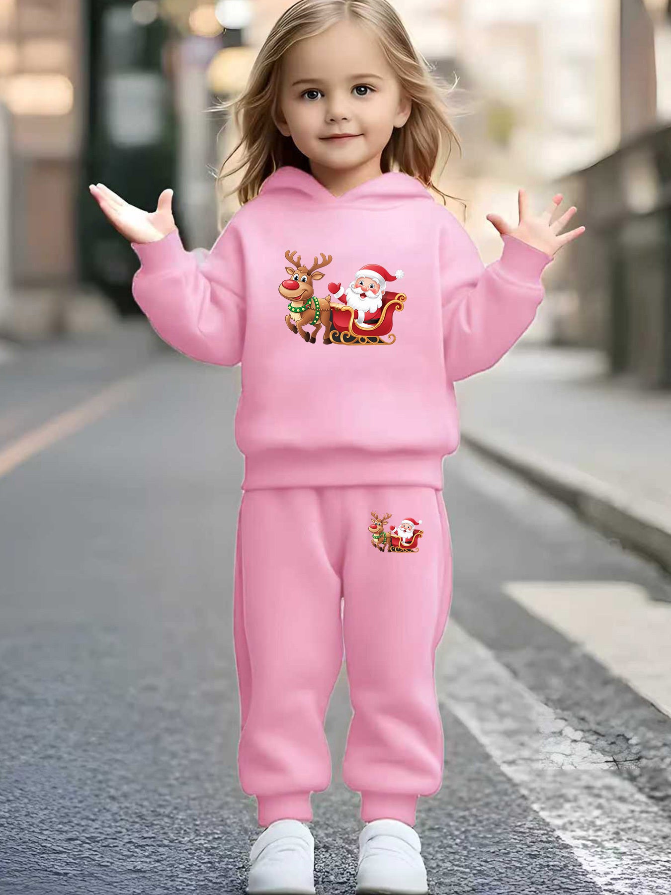 2pcs Girls & Boys Winter Warm Pink Hoodie & Pants Set - Bright Pink Christmas & New Year Outfit with Santa Reindeer Snowman Print, Elastic Waist Matching Sweatsuit for Kids 6-12 Years (Height 120-160cm), Boys & Girls Clothing