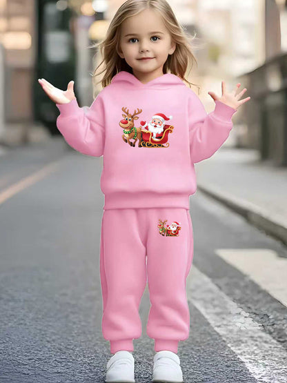 2pcs Girls & Boys Winter Warm Pink Hoodie & Pants Set - Bright Pink Christmas & New Year Outfit with Santa Reindeer Snowman Print, Elastic Waist Matching Sweatsuit for Kids 6-12 Years (Height 120-160cm), Boys & Girls Clothing