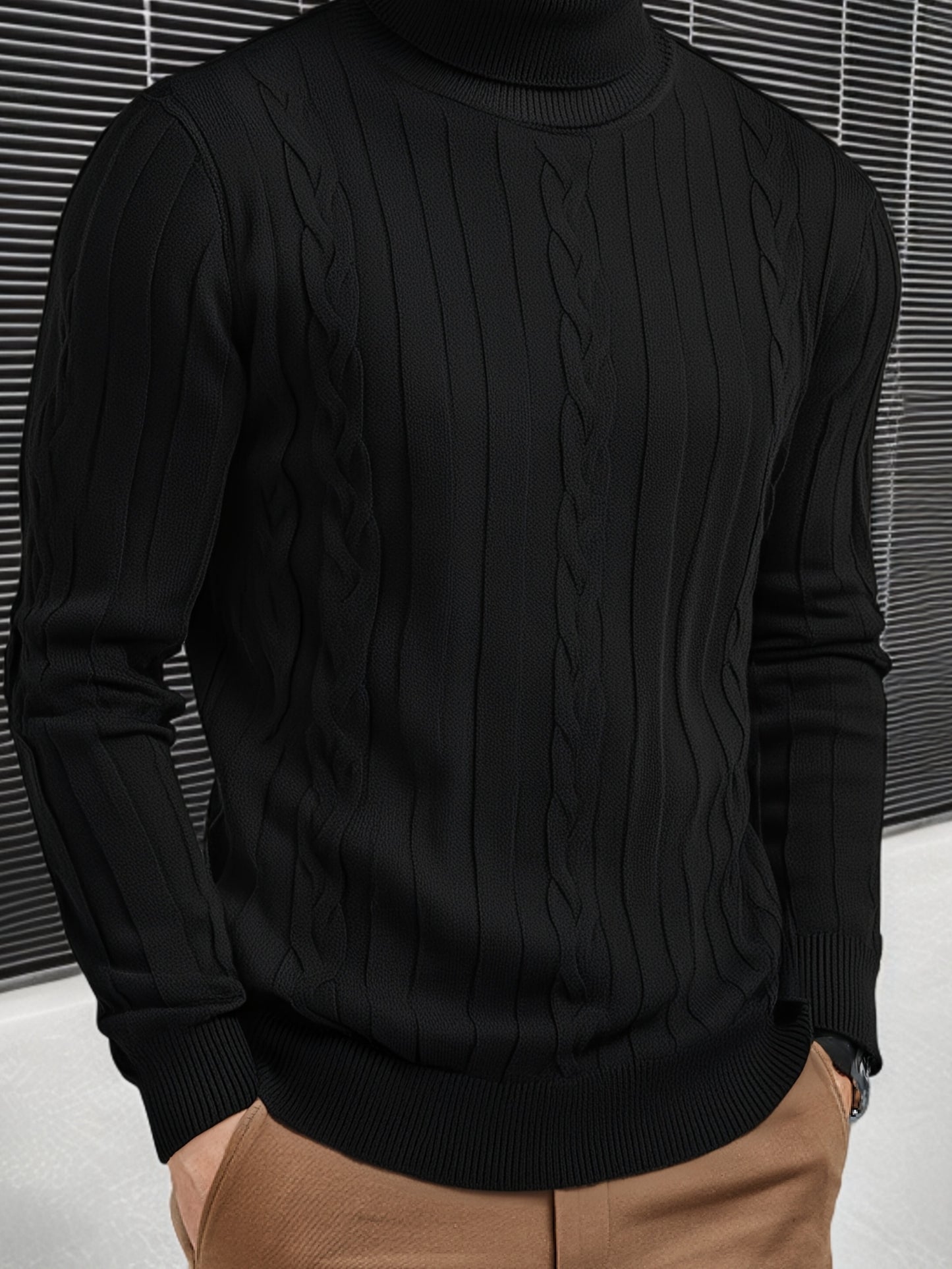 Men's Mature Slim-Fit High-Neck Long-Sleeve Sweater, Casual Ribbed Knit Pullover Solid Color Sweater, Men's Winter Clothing, Men's Sweater, Christmas Sweater, Men's Christmas Sweater, Winter Men's Apparel, New Year's Apparel,
