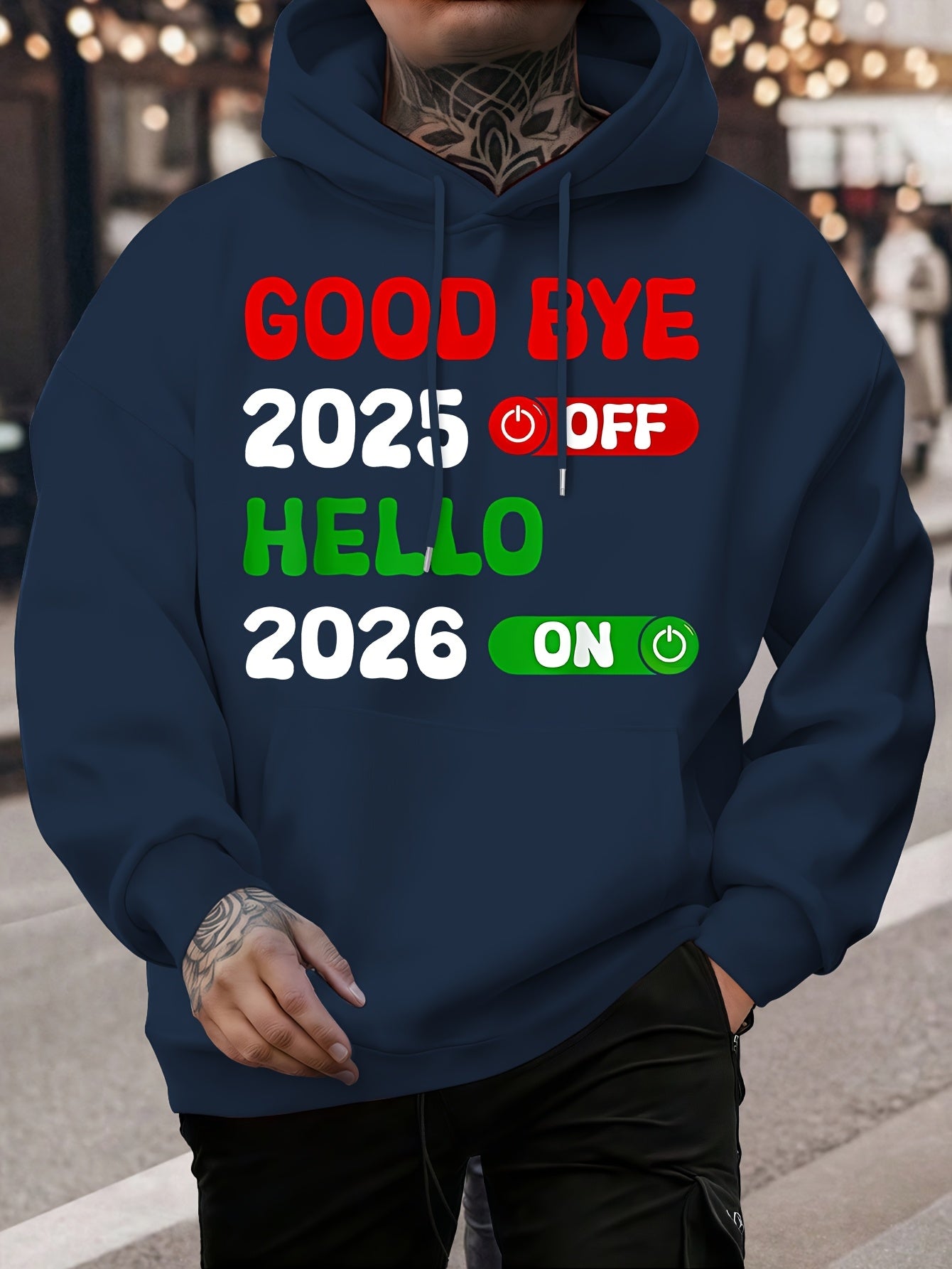 Men's 2025 New Year Print Hooded Sweatshirt - Kanji-Inspired "Goodbye 2025 2026" Pullover, Winter Warm Casual Sweater with Green/Red Toggle Switch Design, Machine Washable Red Hoodie for Christmas & NYE Parties
