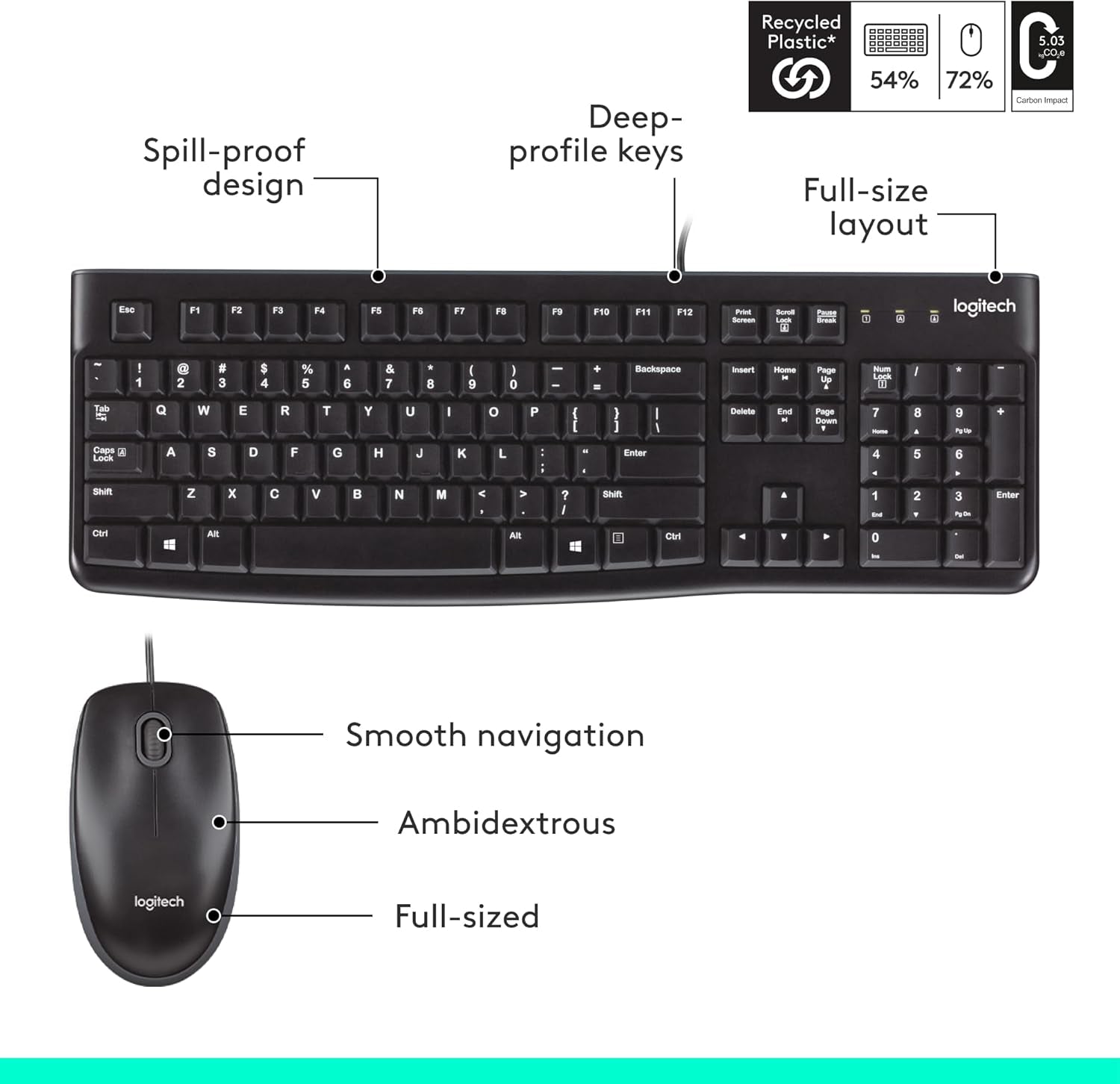 Logitech MK120 Wired Keyboard and Mouse Combo for Windows, Optical Wired Mouse, Full-Size Keyboard, USB Plug-And-Play, Compatible with PC, Laptop - Black