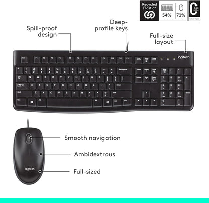 Logitech MK120 Wired Keyboard and Mouse Combo for Windows, Optical Wired Mouse, Full-Size Keyboard, USB Plug-And-Play, Compatible with PC, Laptop - Black