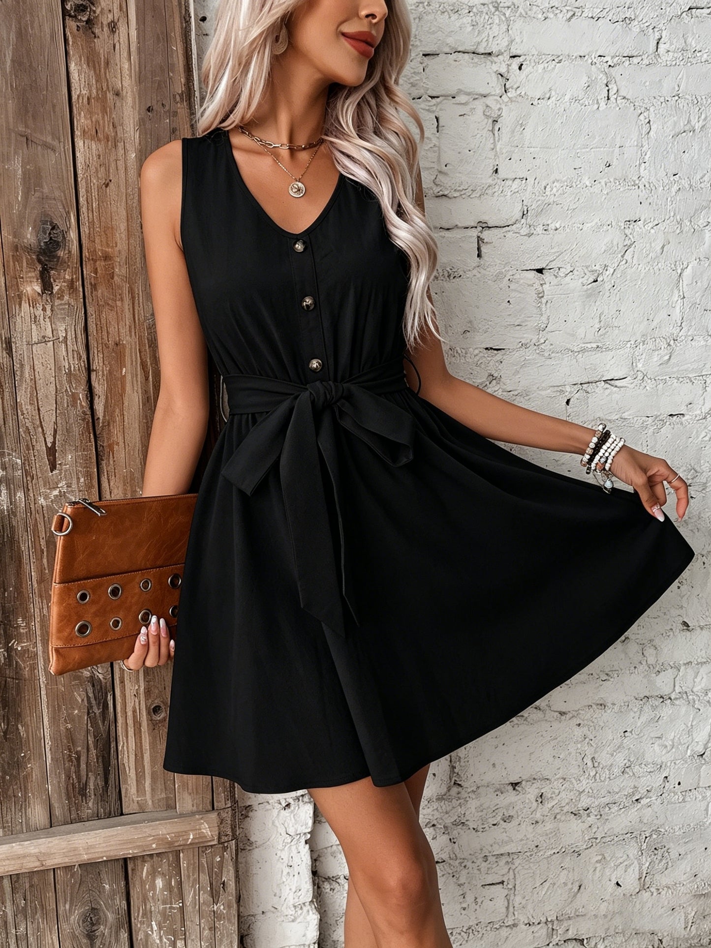 Elegant Sleeveless Apricot Cotton Midi Dress with Belt for Women