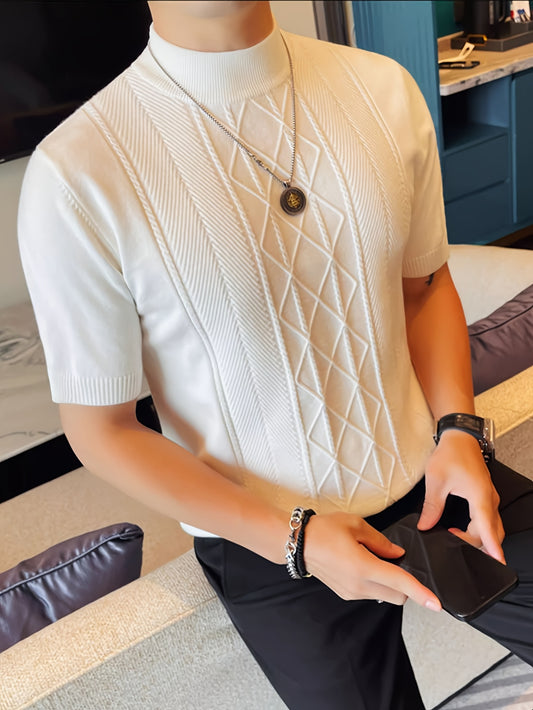 Men's New Solid Color Rhombus Fashion Semi-High Neck Knit Sweater, Spring/Summer Casual Short Sleeve Knit Top - ayq