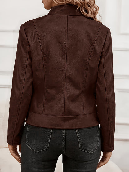 Plus Size Elegant Biker Jacket with Metallic Zipper for Spring/Fall