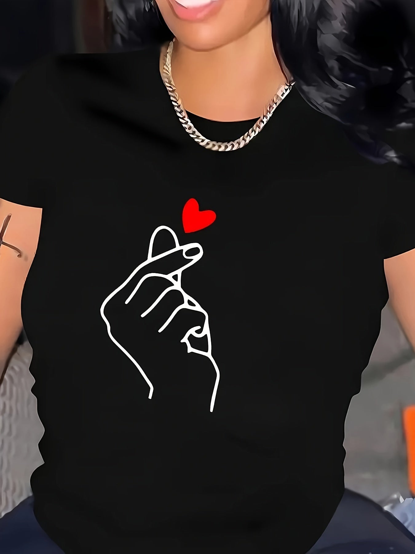 Heart Print Crew պարանոցի վերնաշապիկ, պատահական կարճաթև վերնաշապիկ գարնան և ամառի համար, կանացի հագուստ
