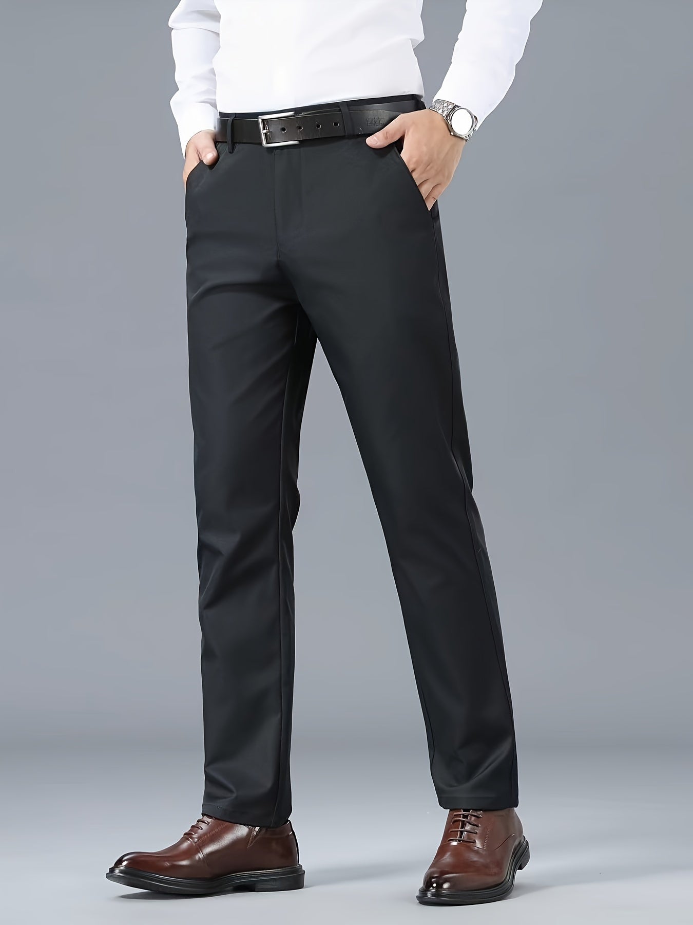 Men's Classic Business Casual Pants - Polyester, Solid Color, Regular Fit for All Seasons