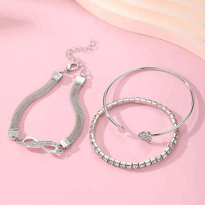 3pcs Vintage Elegant Rhinestone Bracelet Set, Adjustable Heart & Infinity Symbol Bangle, Women'S Alloy Open Cuff, Daily & Gift Occasion, All-Season Jewelry Collection