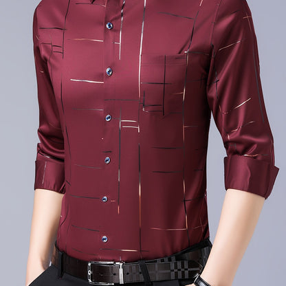 Elegant Men's Maroon Striped Long Sleeve Dress Shirt - Sophisticated Black & Golden Print, Breathable Polyester, Casual Comfort Fit with Classic Collar and Button-Up Front for Casual Attire