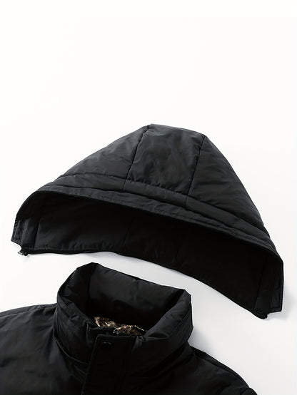 Men's Winter Jacket 100% Polyester Windproof Thermal Insulated Hooded with Detachable Hood, College Style Letter Pattern Zipper Front, Regular Fit for Skiing Outdoor Activities & Daily Wear