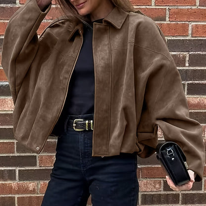 Կանացի վինտաժային բոմբեր բաճկոն - ազատ չափի երկար թևքով, կայծակաճարմանդով և իջեցված ուսերով, շագանակագույն առօրյա վերնազգեստ աշուն/ձմեռ համար, չձգվող գործվածք, իդեալական է առօրյա հագուստի համար, աշուն-ձմեռ բաճկոն | Վինտաժային բոմբեր ոճ | Zipp