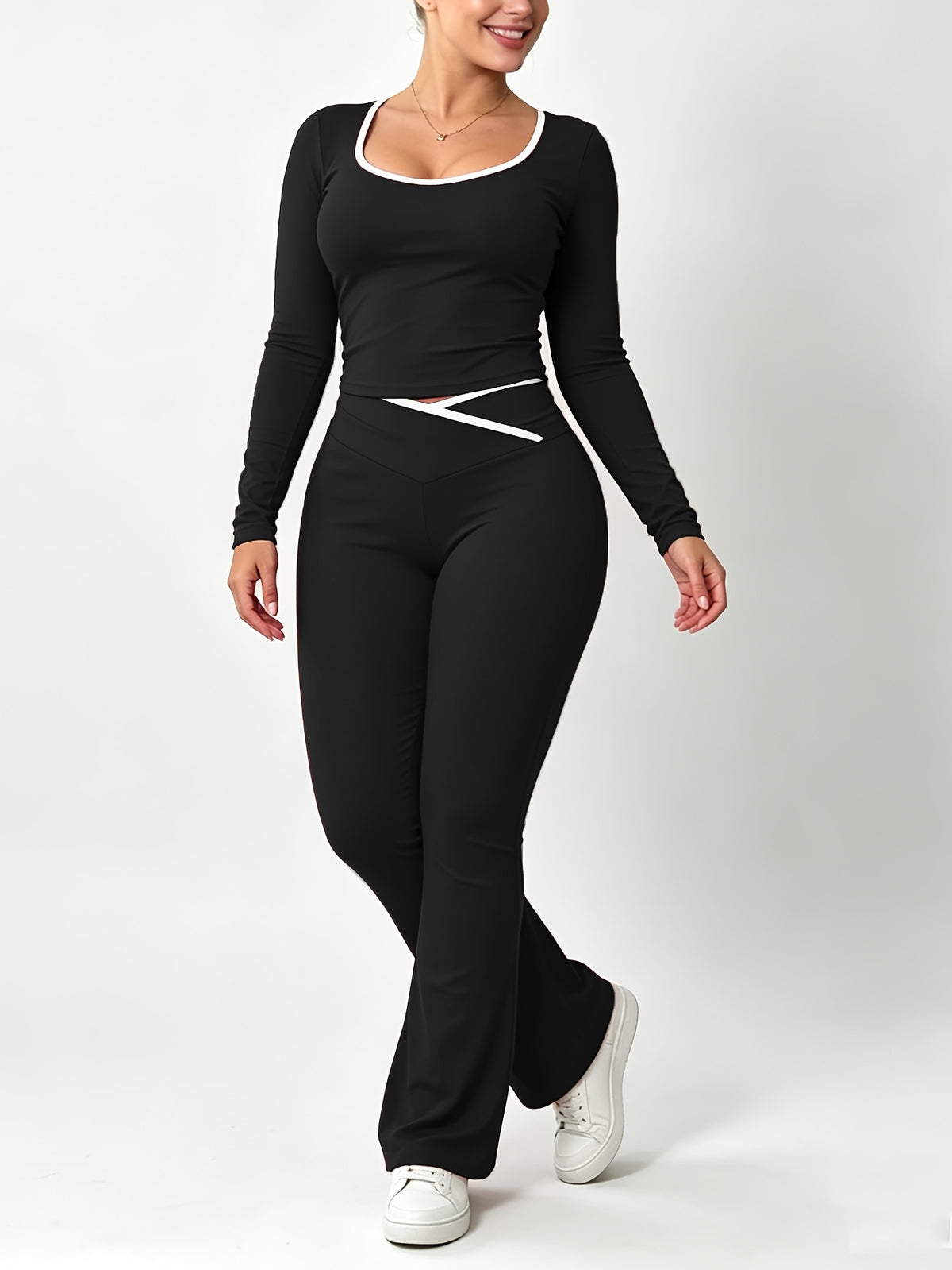 Slim Fit Cross Waist Color Block Crop Pants Set for Fall/Winter - ayq