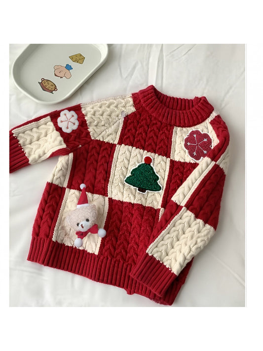 ' Red & White Cable- Sweater Jacket - Cute Scottish-Inspired Boys & Girls Winter Coat, Machine Washable Round Neck Cardigan for Christmas, New Year & Casual Attire ( to)