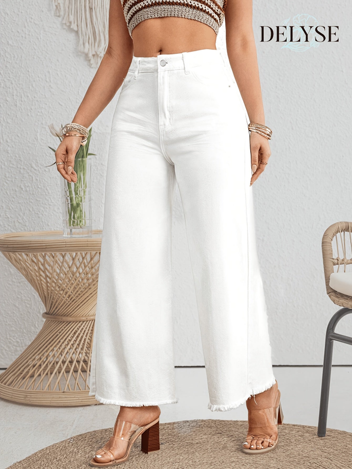 Women’s High-Waist Wide Leg White Denim Jeans with Pockets