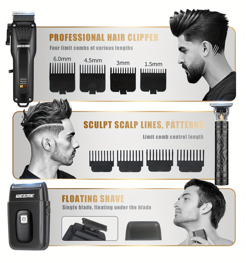 WEEME 2pcs/3pcs Premium Men's Grooming Set Professional Hair Clipper Kit with Cordless Shaver  Beard Trimmer  LCD Display & USB Fast Charge Ideal Gift for Father's Day/Birthday/Anniversary (For Dad/Husband/Groom)