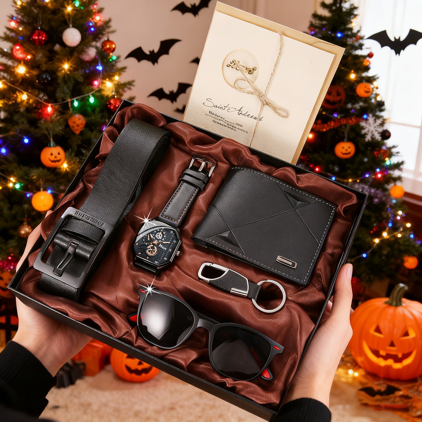 A Set of 6pcs Including a Classic And Simple Casual Men'S Faux Leather Wallet, a Square Dial Watch, Glasses, a Keychain, a Greeting Card, And a Belt, Making It The Perfect Gift for Him for Christmas Or a Birthday.