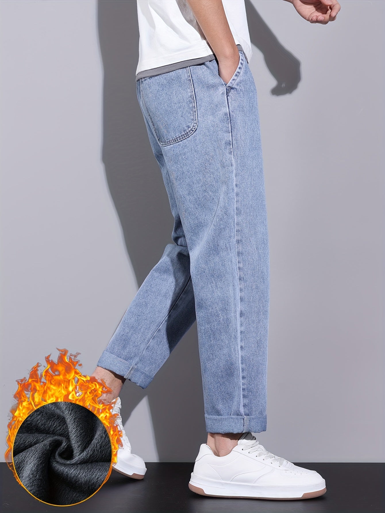 Men's Winter Fleece-Lined Jeans - Casual Straight Leg with Elastic Drawstring Waist, Warm & Stylish Streetwear Denim Pants
