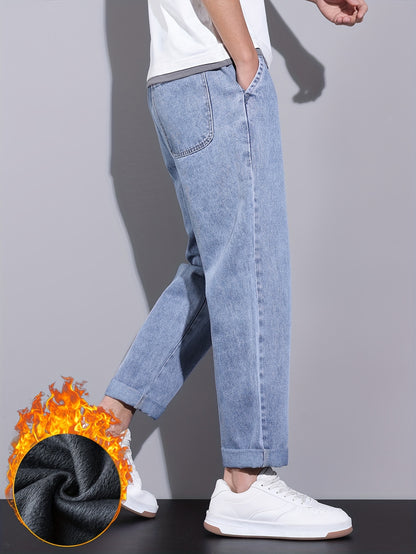 Men's Winter Fleece-Lined Jeans - Casual Straight Leg with Elastic Drawstring Waist, Warm & Stylish Streetwear Denim Pants