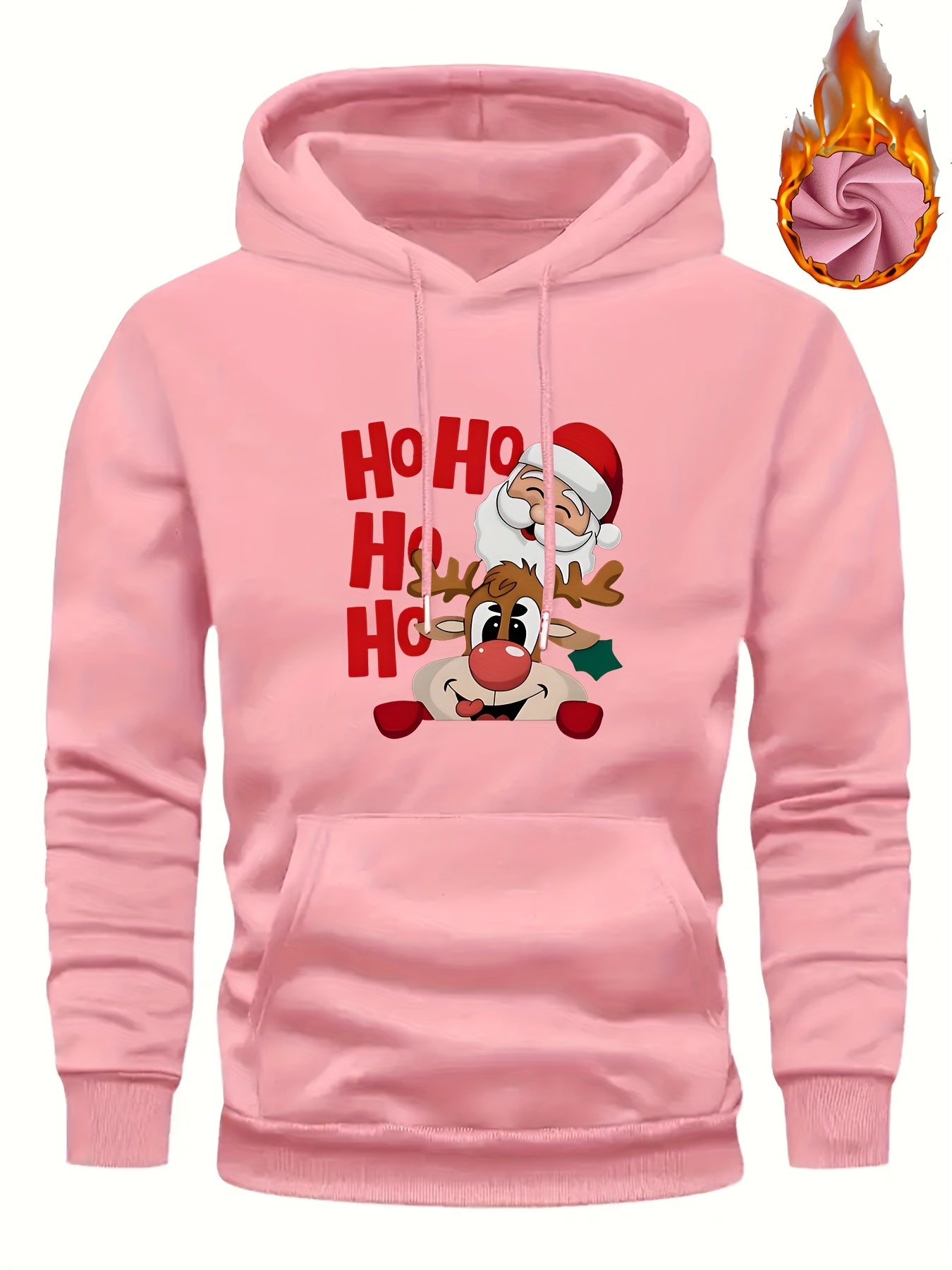 Men's Christmas Hooded Sweatshirt with Rudolph & Santa Print - Thickened Winter Pullover Hoodie, Warm Long Sleeve Casual Sweater for Skiing, Parties, Team Events - Machine Washable (Couple Matching, Unisex Style)