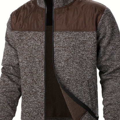 Men's Blocking Quilted Jacket For Spring And Autumn, Casual Stylish Outdoor Stand Collar Coat As Gift