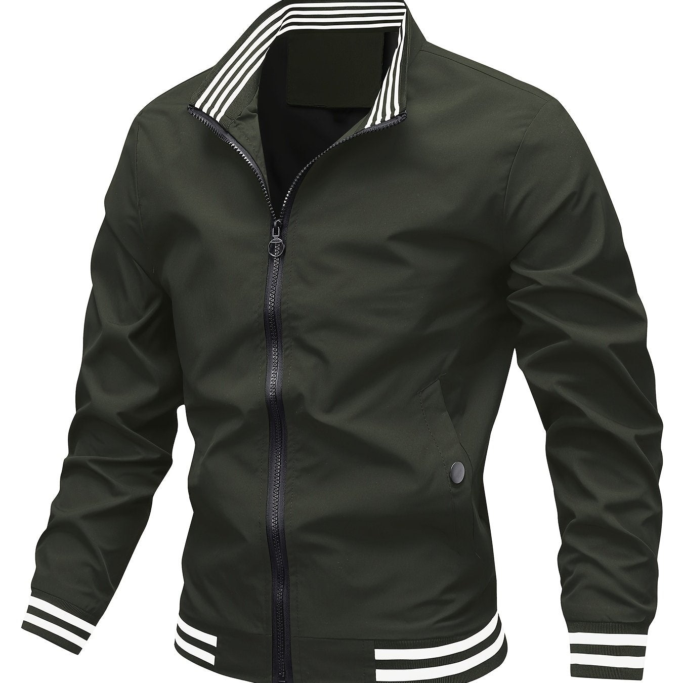 Men's Stand Collar Long Sleeve Zip Up Sports Jacket With Contrast Trim Design, Men's Spring Fall Outwear, As Gifts