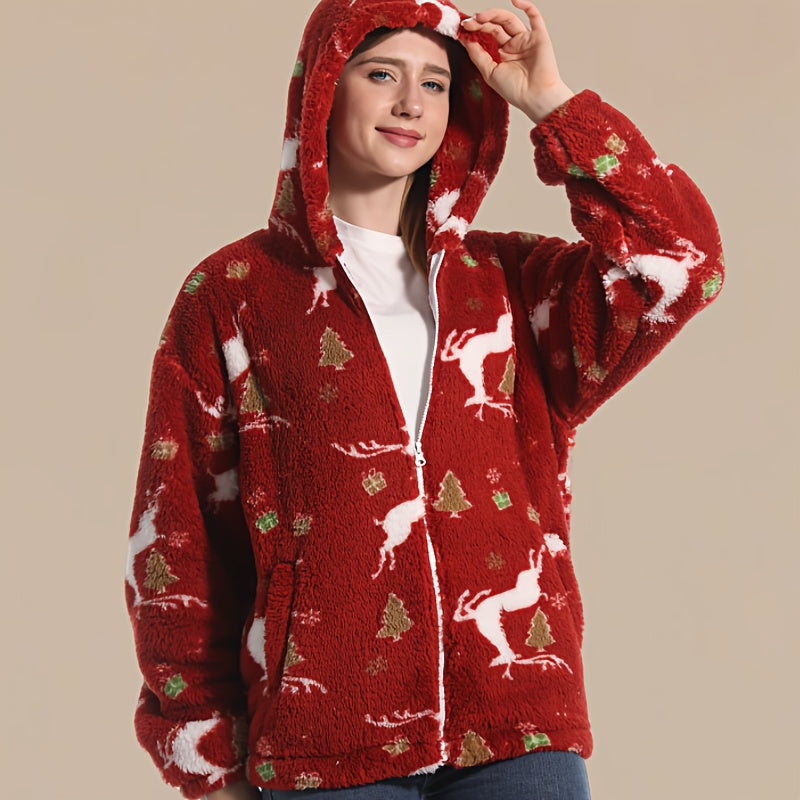 Cozy Christmas Reindeer Sweater - Red & Golden holiday Sweater with Deer, Soft Coral Fleece-like Pullover for Women & Men, Winter party Outfit, Lounge Wear - Machine Washable Cold Weather Clothing, Christmas Sweaters, Festive