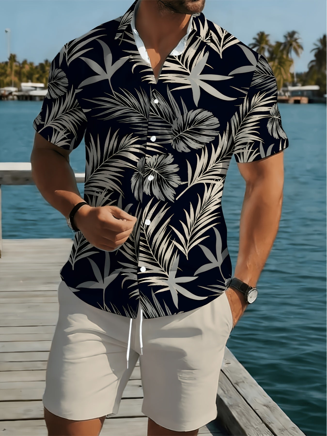 Men's Casual 3D Print Short Sleeve Shirt & Shorts Set