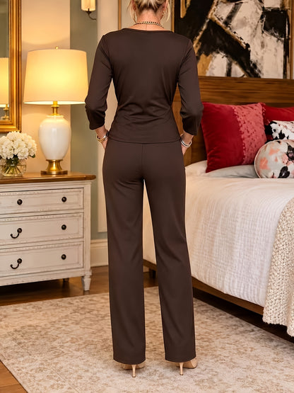 Women's Elegant Belted Top & Slim Fit Pants Set for Fall