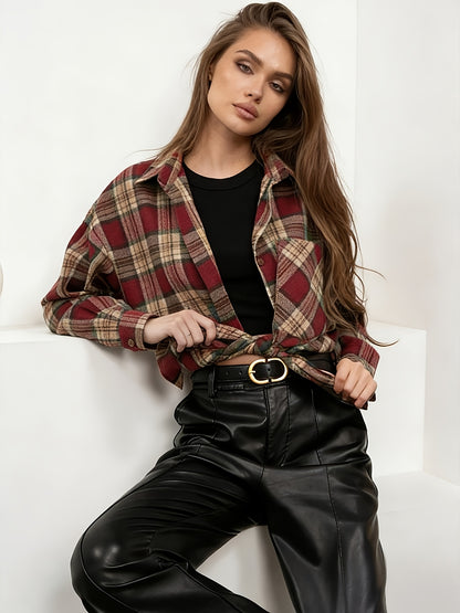 Plaid Long Sleeve Women's Casual Blouse with Lapel Collar