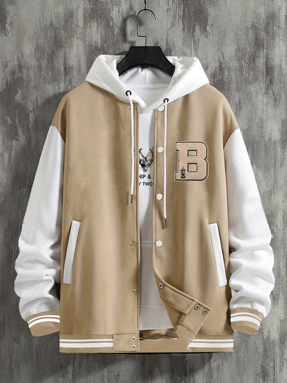 Men'S Baseball Jacket with Letter B Lettering - Navy & Golden Accent Casual Streetwear, Button-Front Closure, Regular Fit Fall/Winter Outerwear, Baseball Jacket