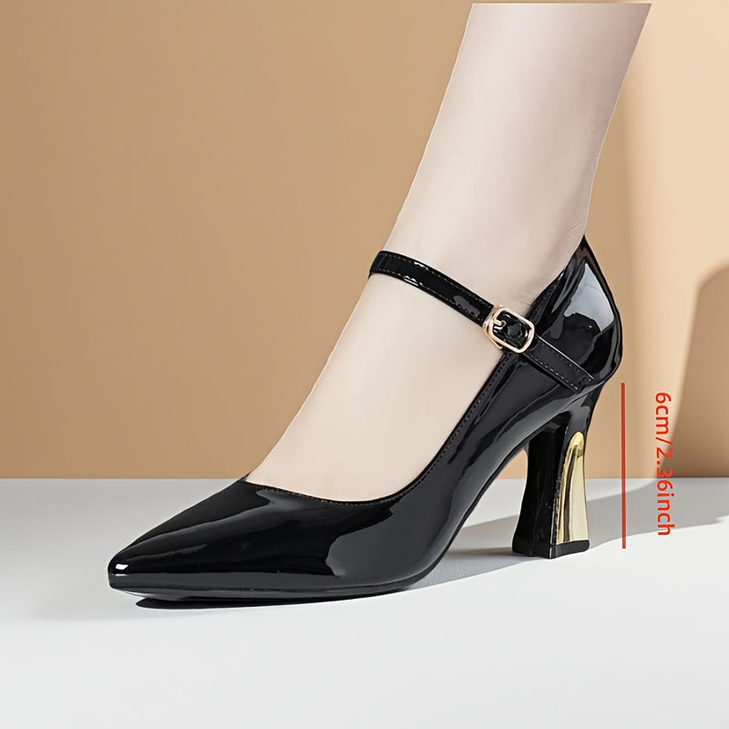 Women's Burgundy Synthetic Cover Mary Jane High Heels - Pointed Toe Chunky Block Heel with Adjustable Ankle Strap  Golden Buckle, Glossy Finish for Spring, Casual  Formal Events, Casual Chic Shoes   Pointed Toe Heels   Dura